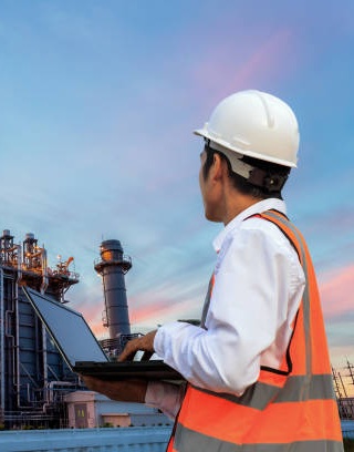 Engineering is use notebook check and standing in front of oil refinery building structure in heavy petrochemical industry